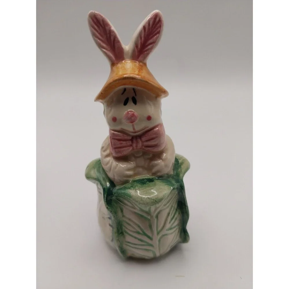 Vintage Ceramic Bunny in Cabbage Figurine - Easter Spring Cottagecore Decor Pink